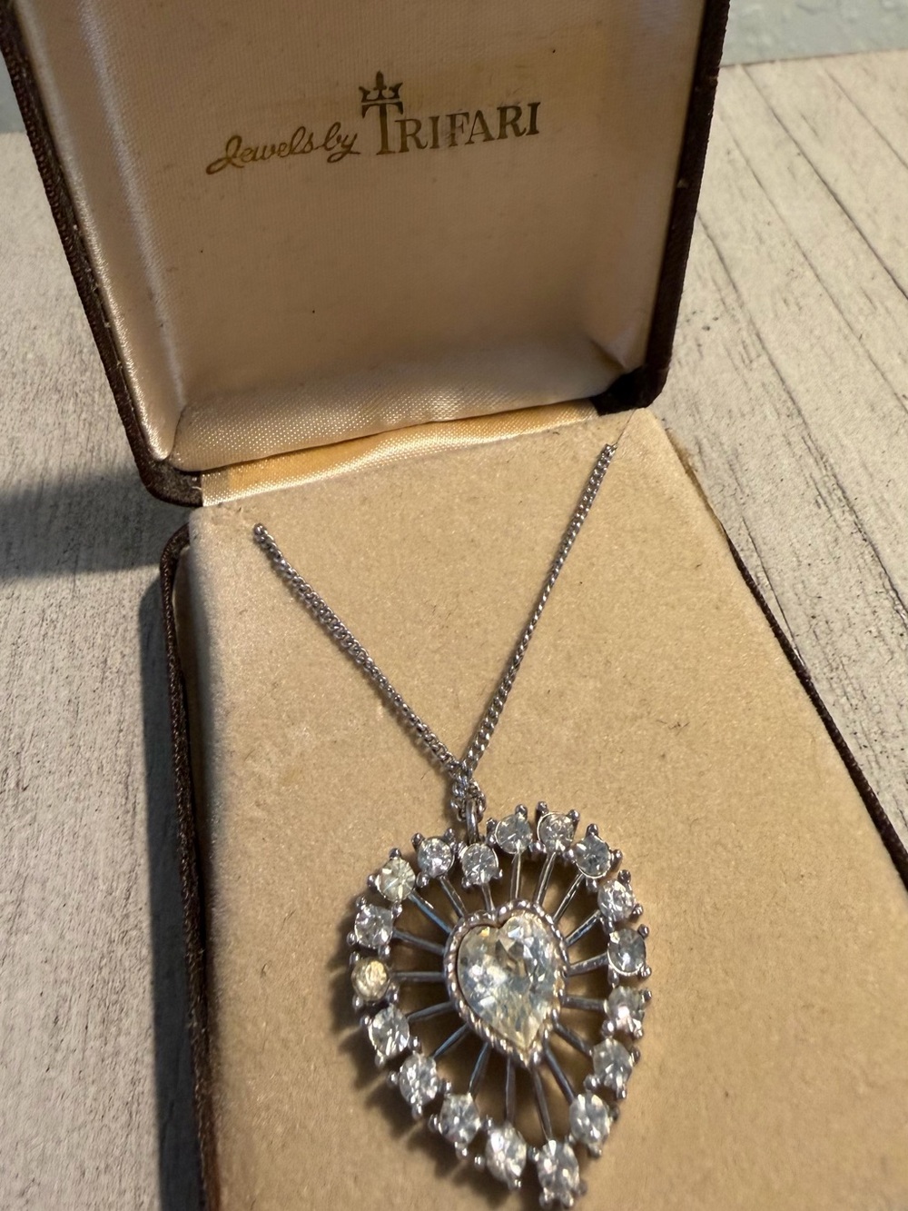 Trifari Silver Heart/Pear-Shaped Clear Crystal Halo Pendant Necklace w/org. Box